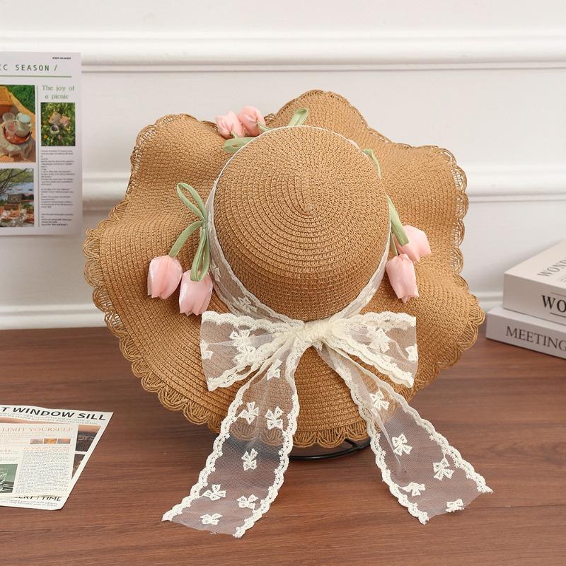 Summer Bow Sun Hat Female, Seaside Beach Vacation Sun Hat Outdoor Big Brim Sun Hat Sweet Straw Hat