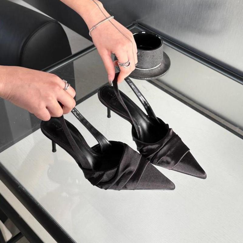 Women High Heel Sandals  Summer New Fashion Women Dress Black Leather Party Fine Pointed Toe Cap Toe Back Hollow Sandals