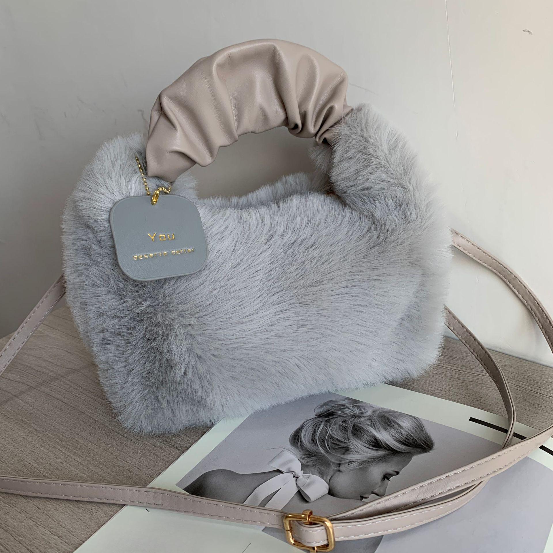 

1 шт. плюшевая сумка для девочки, модная сумка из меха, универсальная симпатичная сумка через плечо серый