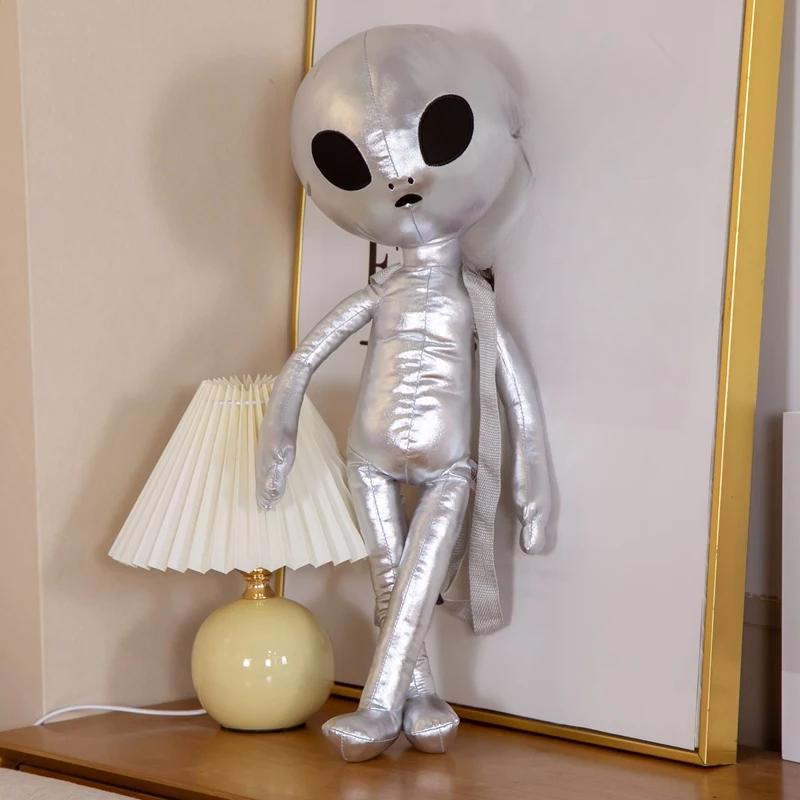 Δημιουργικό υψηλής ποιότητας προσομοίωσης PU Alien Plush Doll Backpack χρυσό ασημένιο χρώμα Alien Plush Toy για αγόρια και κορίτσια σχολική τσάντα