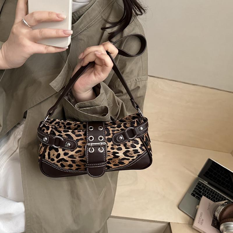 Retro Belt Buckle Leopard Print Casual Single Shoulder Autumn Winter New Style Fashion Rivet Large Capacity Underarm Bag. KTB