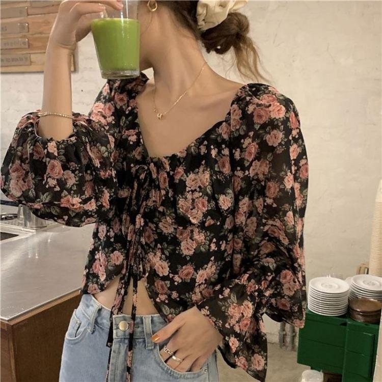 New Design French Chic Floral Chiffon Shirt Women Summer Niche Short Top S чёрный