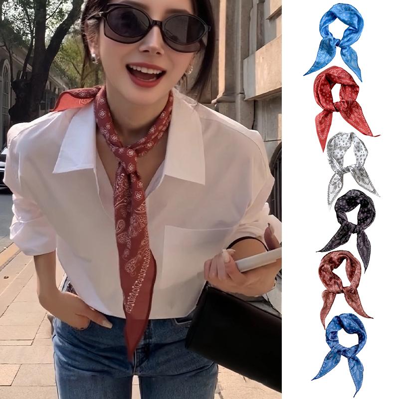 1Pc Cashew Print Retro Polyester Women's Hijab Headbands Scarf Satin Silk Scarf Headscarf Hair Ribbons
