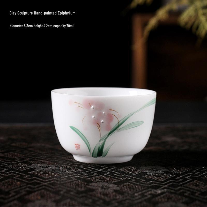 Lamb Fat Jade Hand-Painted Ceramic Gongfu Tea Set with Gaiwan, Tasting, and Host Cups
