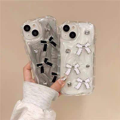 Cream Ins Style Glitter Mobile Phone Case for IPhone17Pro Rhinestone Bow for Apple 16 Anti-fall Female Model 15