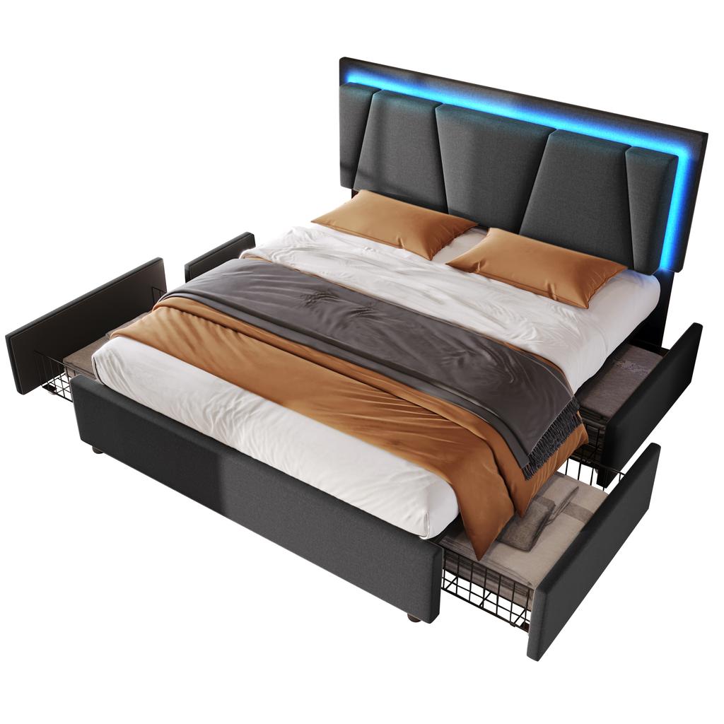 Letto imbottito con illuminazione a LED e 4 cassetti, testiera regolabile in altezza, struttura contenitore matrimoniale 140x200 cm, rete a doghe, grigio (Senza materasso)