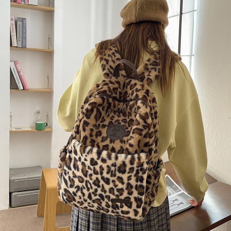 Schoolbag Korean Version Ins Retro Leopard Print Backpack Bag Female Niche Design Large Capacity Plush Student Schoolbag Casual Backpack