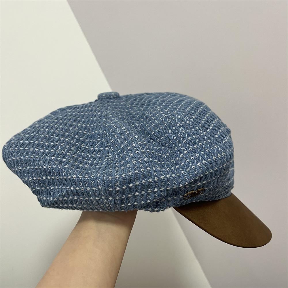

New retro leather brim splicing octagonal hat children s fashionable small blue plaid out of the street beret tide adult average size світло-синій колір