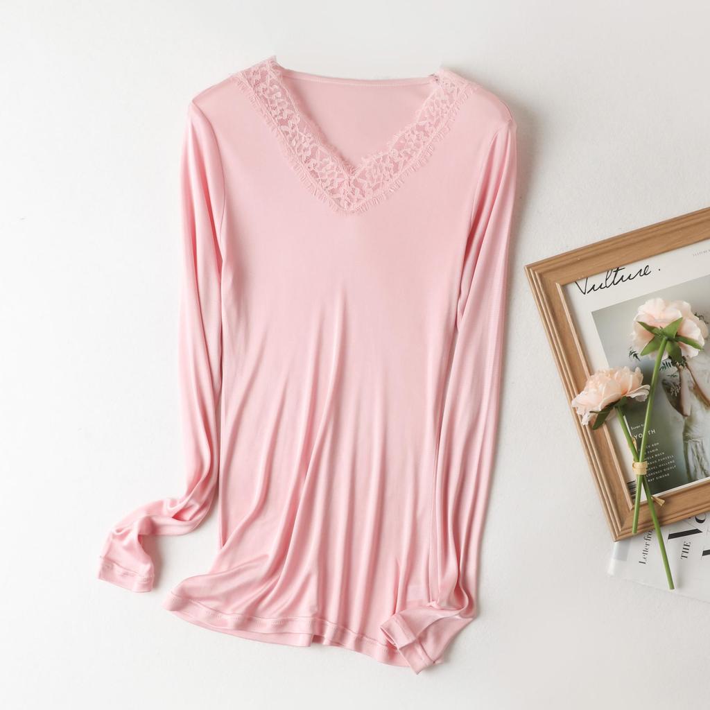 Yu Yue Women's V-Neck Silk Knit Long Sleeve Lace Trim Slim Fit Base Layer Top