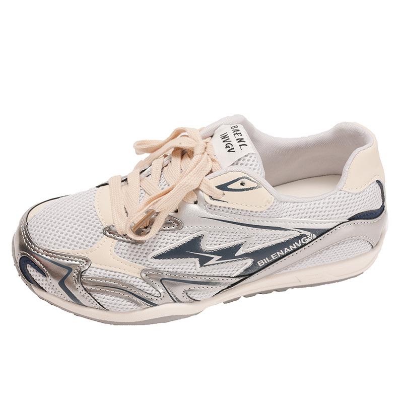 Srebrne retro lekkie i wszechstronne sneakersy podwyższające wewnętrznie na płaskiej podeszwie damskie 2025 nowe letnie miękkopodz solesowe niemieckie buty treningowe