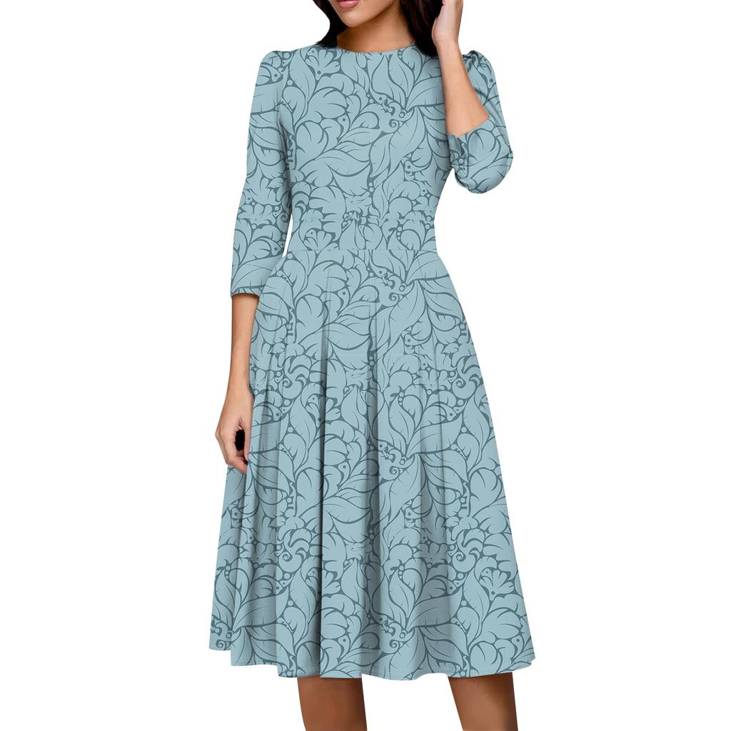 Lässiges und modisches Kleid für Damen mit Blumenmuster, 3/4-Ärmeln, Tasche und Reißverschluss auf der Rückseite