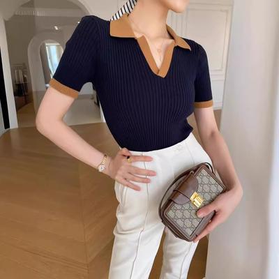 Französischer Strickpullover mit Polokragen in Kontrastfarbe für Damen Sommer Temperament Slim Fit Kurzarm Dünnes und Nischen-T-Shirt Top
