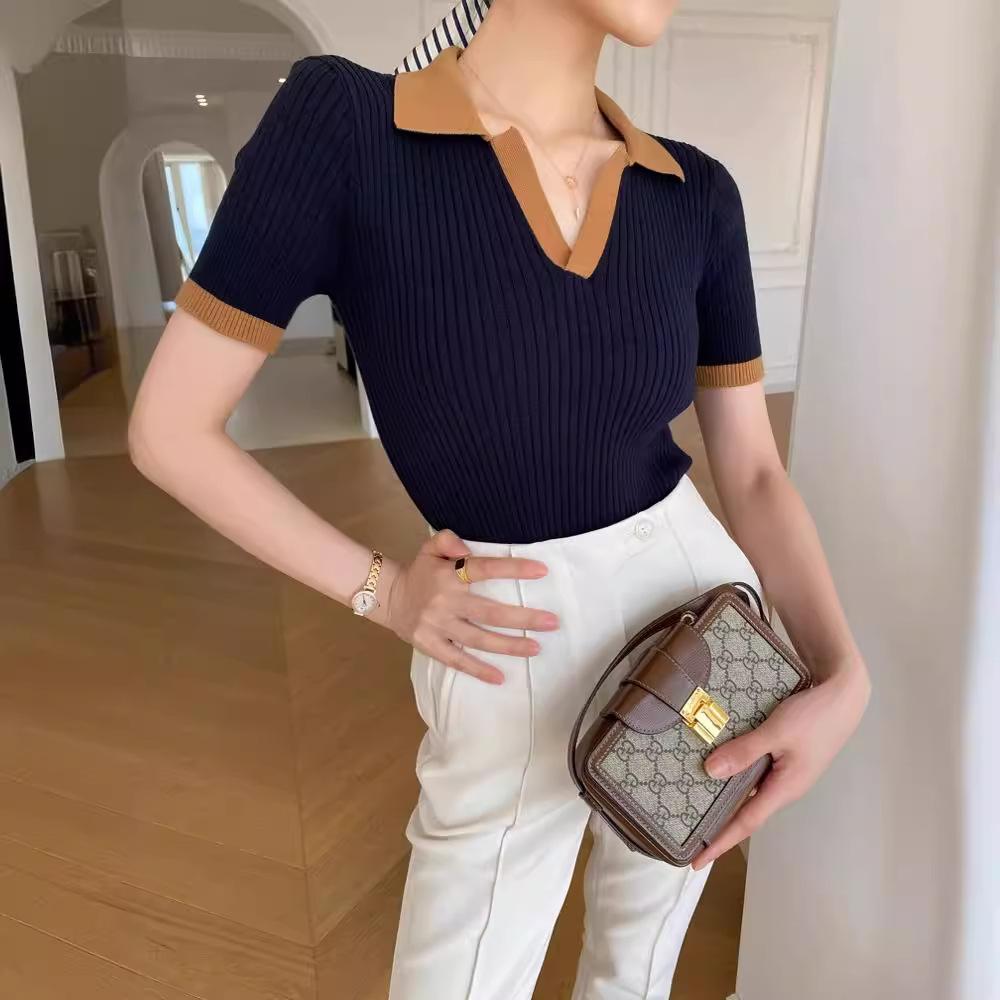 

Французский воротник поло контрастного цвета вязаный свитер для женщин летний темперамент приталенный крой короткий рукав тонкий и нишевый футболка топ XL темно-синий