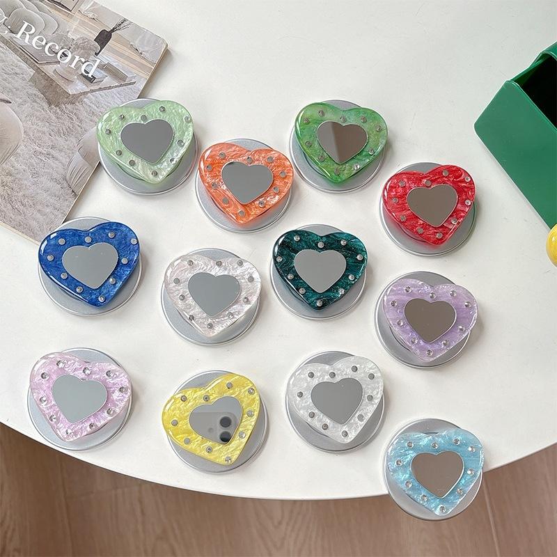 Women'S Magnetic Suction Is Suitable For Magsafe Watching Dramas, Desktop Mobile Phone Airbag Holder, Rhinestone, Heart-Shaped Mirror Sticker