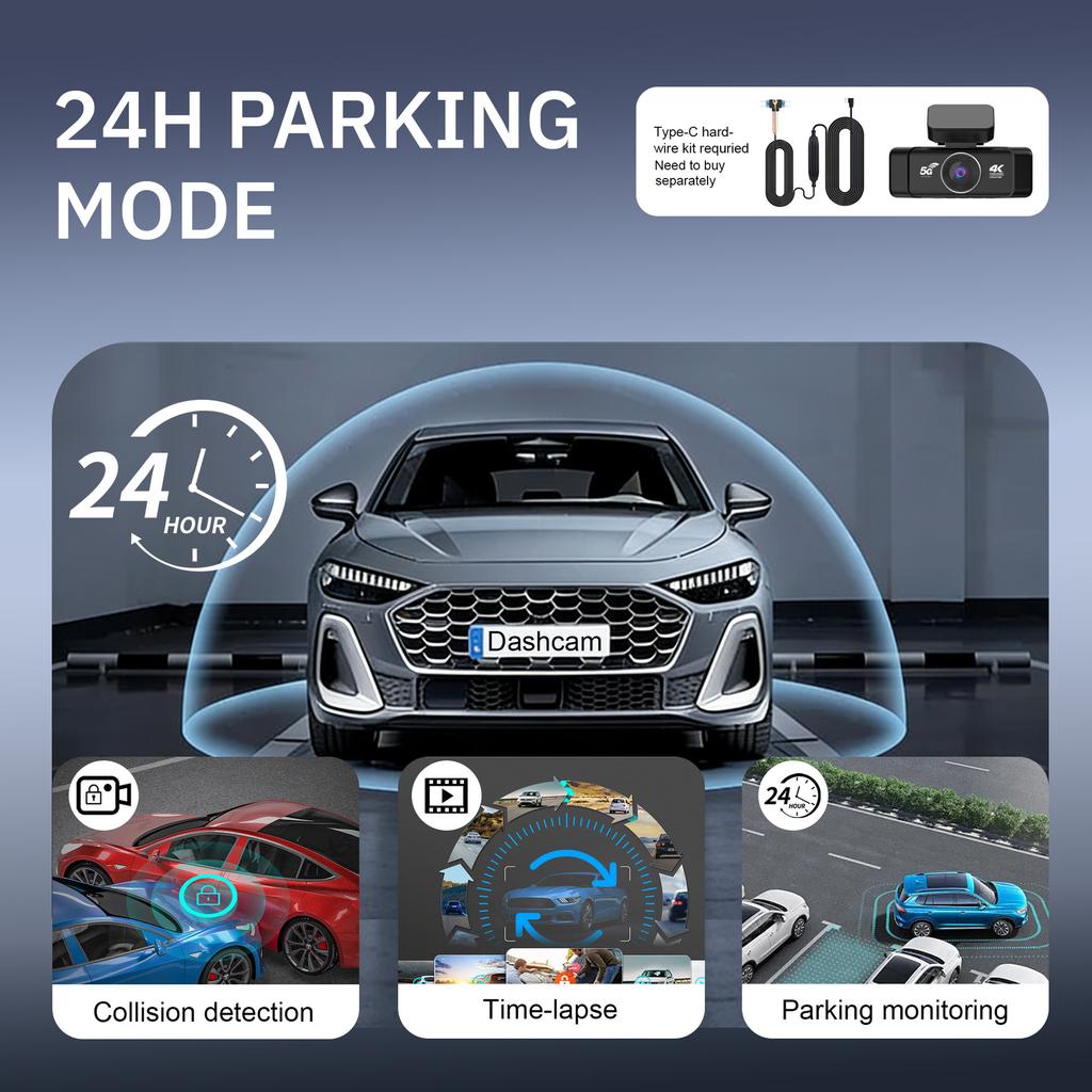 4K 360° Quad HD Dash Cam, Night Vision, WiFi, 4 Lenses, Rear Backup Camera