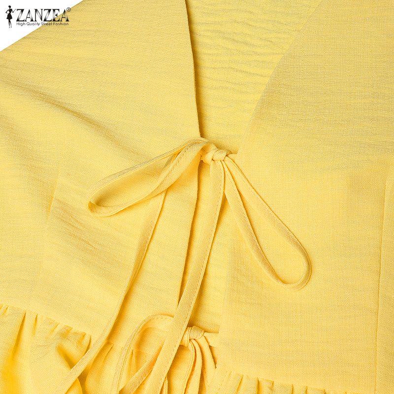 ZANZEA Women Elegant Two Piece Skirt Sets Puff Sleeve Tie Front V Neck Peplum Tops and Long Skirt Beachwear Suits