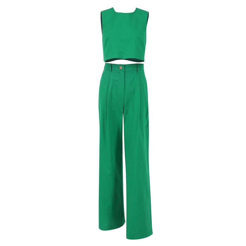 1116 summer new solid color sleeveless vest top trousers European and American fashion women's clothing two-piece set cotton and linen suit women