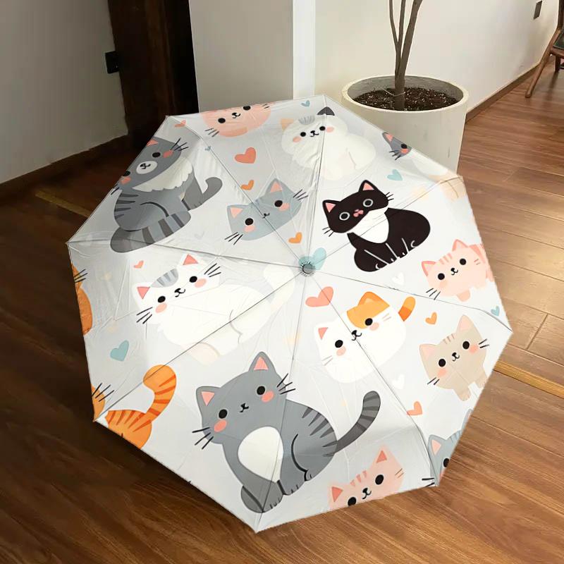 

Cute Cat Pattern Automatic Folding Umbrella - Portable Tri-Fold Design with 8-Bone Steel Frame, Perfect Gift for Fans, Travelers, Everyday U