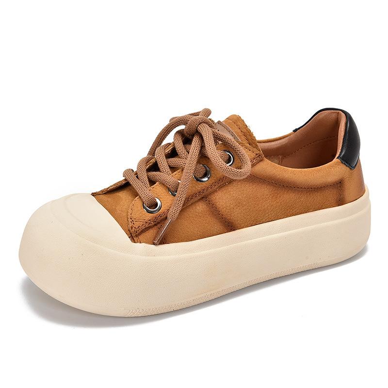 Johnature Genuine Leather Casual Women's Shoes Versatile Lace Up Round Toe Thick Soled Flat Shoes
