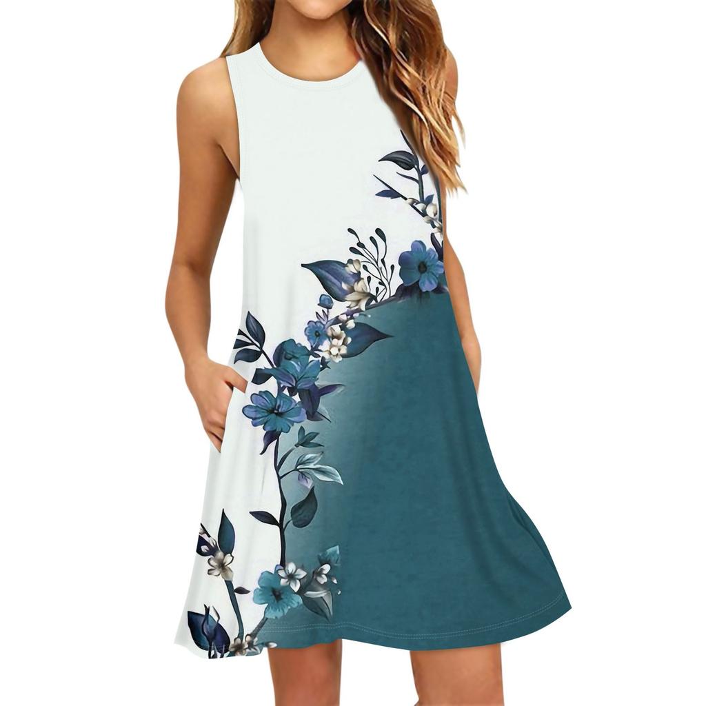 Women's Fashion Beach Dress Sleeveless Round Neck Floral Print Dress
