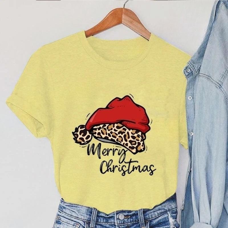 Womens short sleeved Tshirt  summer leopard print Christmas hat Merry Christmas print  fashionable and trendy Womens Tshirt