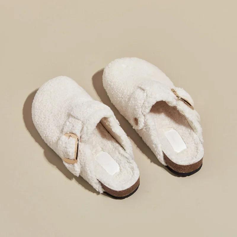 Fashion Warm Thicken Lamb Wool Birken Slippers Women 2024 Winter Fur Flat Mules Shoes Woman Brand Designer Thick Bottom Outdoor Slides
