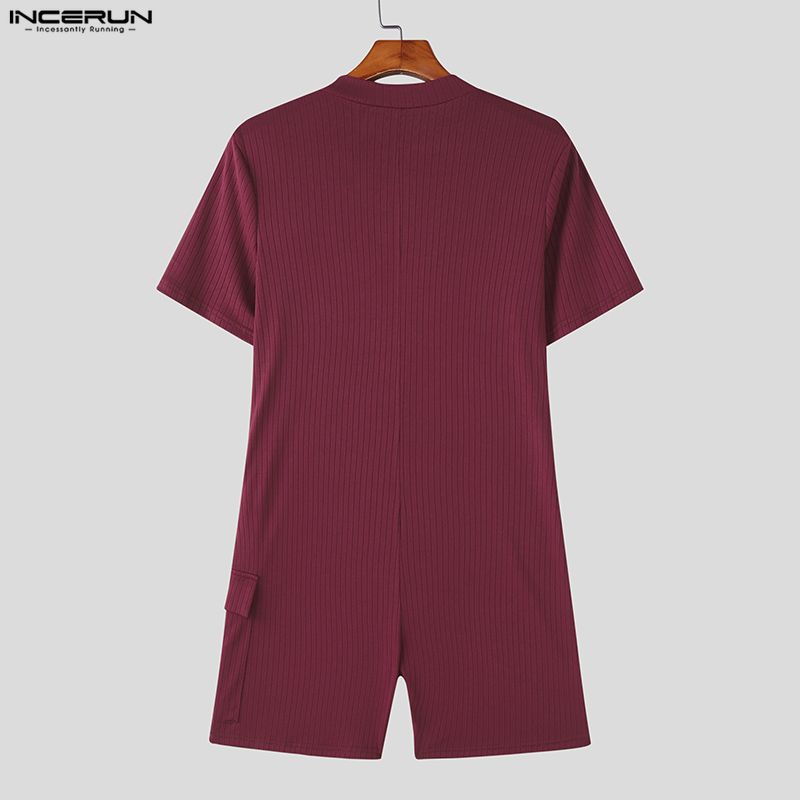 INCERUN Men Short Sleeve Zip-up Rib Jumpsuits Rompers Underwear