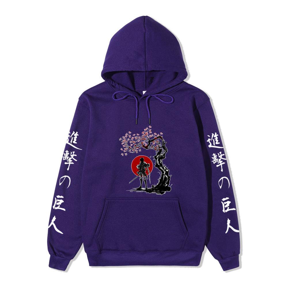 Attack On Titan Samurai Sakura Sun Design Unisex Fleece Hoodie Vertical Japanese Kanji Sleeve Anime Long Sleeve Pullover Sweatshirt