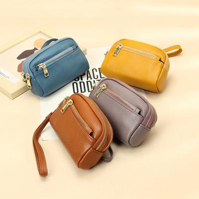 Women's Genuine Leather Wristlet Wallet Compact  Zipper Coin Purse Detachable Strap Card Slots Minimalist Handbag