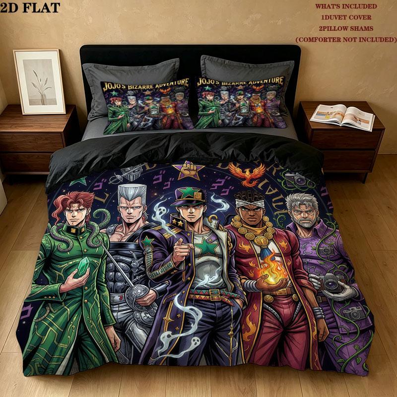 Jojo's Bizarre Adventure Vzor Povlečení Sada Peřiny Potah na Peřinu Povlak na Polštář Domov Narozeninový Dárek(1 * povlak na peřinu + 2 * povlak na polštář, bez jádra)