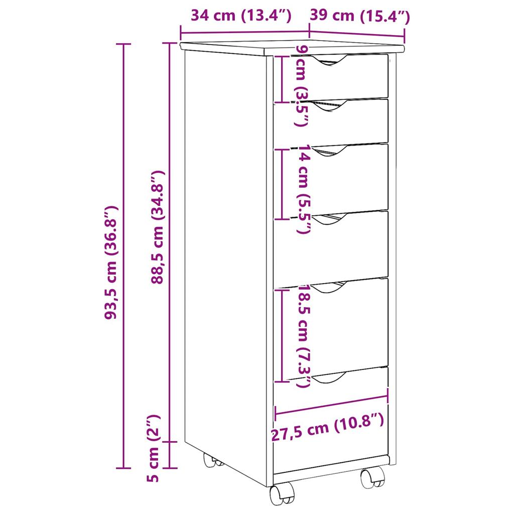 Rollcontainer Honigbraun 34 x 39 x 93,5 cm Massivholz Kiefer