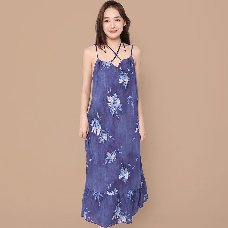 Gentle Wind Gradual Change Tie-dye Cotton and Silk Suspender Nightdress Ruffle Edge Hem Loose Pajama Skirt Women Large Size Home Skirt