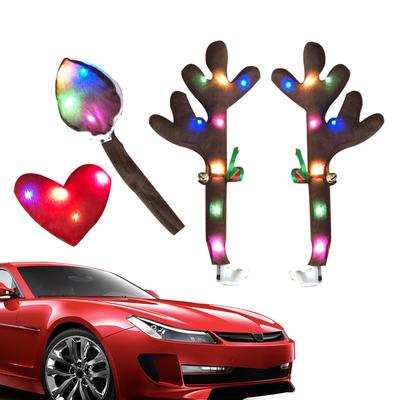 Christmas Car LED Light-up Antlers Decoration Car Reindeer Antler Kit Holiday Decoration With LED Lights With Red Nose
