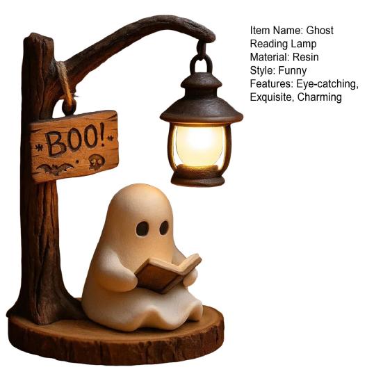 Ghost Reading Street Lamp 3D Resin Halloween Ghost Night Light LED Ghost Reading Book Table Lamp with Warm Light for Bedroom Study Living Room Decor