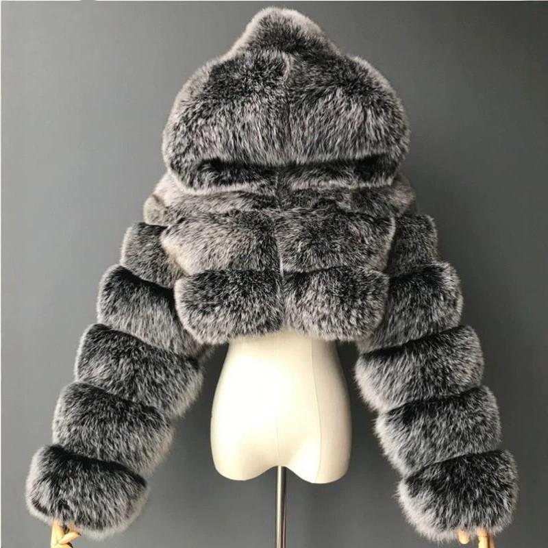 Womens Short Faux Fur Coat Hooded Zip Slim Fit Warm Fox Jacket Winter