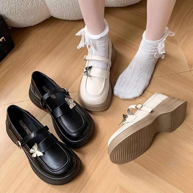 2025 Autumn New Thick Heel Platform Retro College Style Jk Shoes Mary Jane Shoes Milk White Butterfly Small Leather Shoes Women