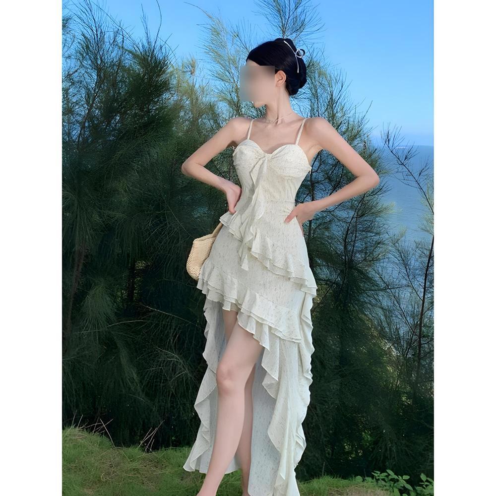 

Платье-сарафан с цветочным краем в виде листа лотоса, женская летняя юбка с неровным подолом для отпуска S- (can be worn within 45kg)