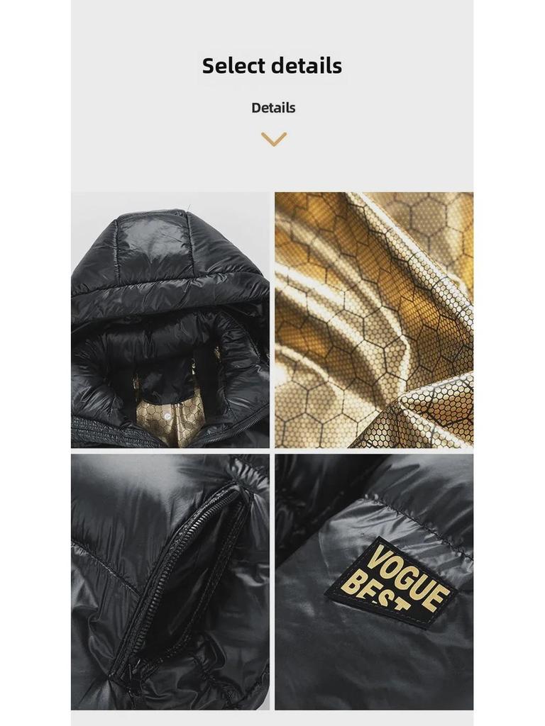 Schwarze und goldene Daunenjacke mit Kapuze für Herren: Neue trendige, dicke, warme, lockere Passform