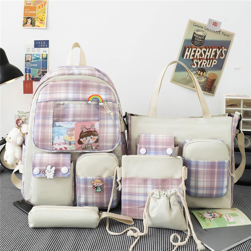 Five-piece Bag Girl Student Plaid Backpack For Junior High School Students