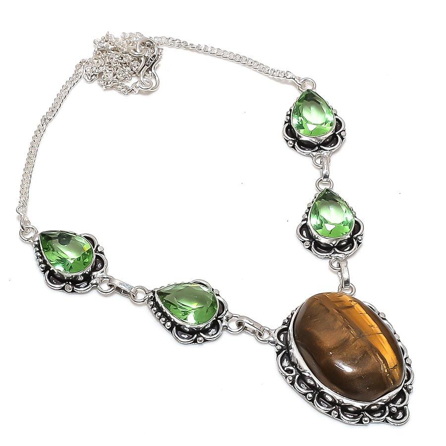 

Натуральный Тигровый глаз, Цаворит 925 Стерлинговое серебро Ювелирное ожерелье 18 Q7J61