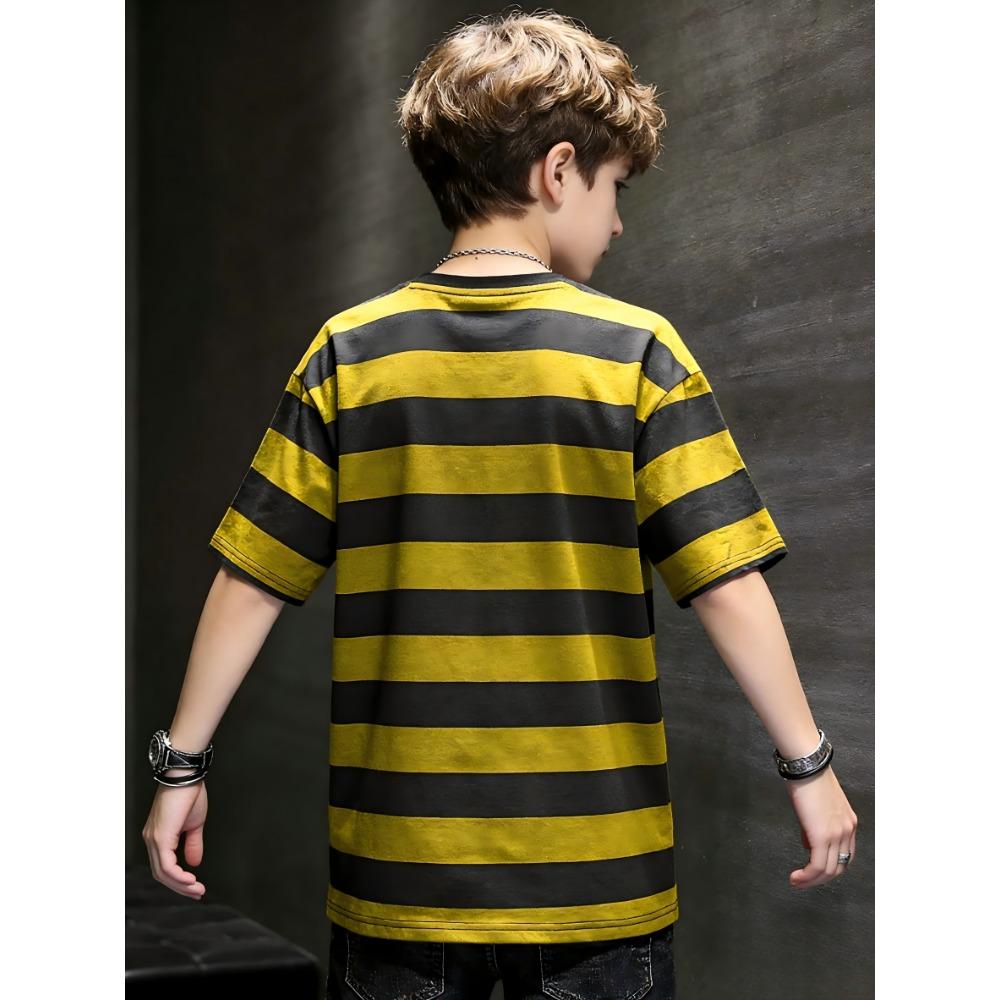 Fashionable Boys' Round Neck T-Shirt, Black and Yellow Horizontal Striped T-Shirt - Lightweight Round Neck Summer Daily
