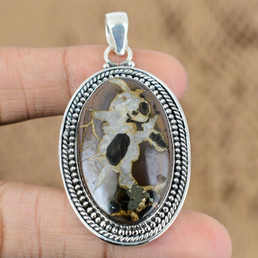 Natural Moroccan Mud Crack Fossil Gemstone 925 Sterling Silver Pendant For Women