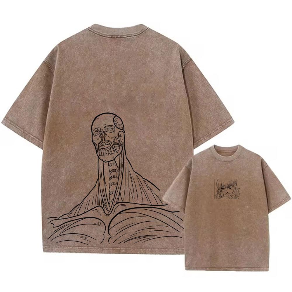 Colored Washed T-shirt Printed Retro Harajuku Top with Anime Attack Titan Graphics Neutral Summer Cotton Loose