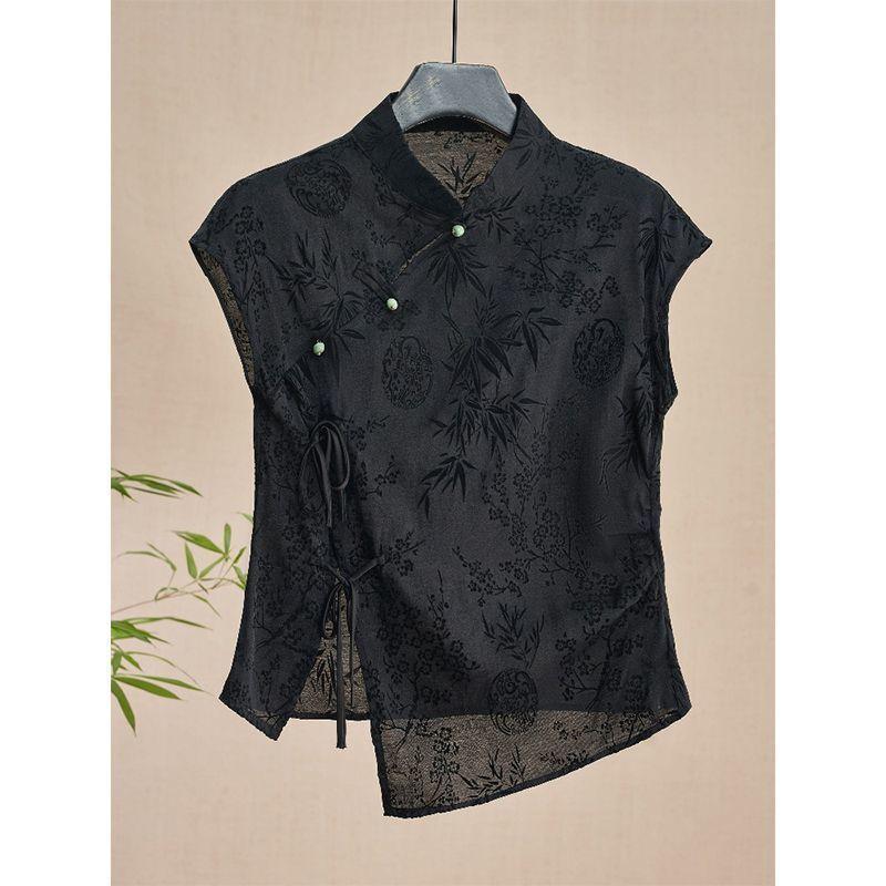 

Summer Retro Black Jacquard Short Sleeved Shirt Temperament Beveled Buttons Sweet Blouse Loose Elegant Fashion Lace-up Cardigan Casual Simple Tops S