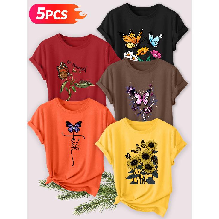 Five-piece Set Elegant Short-sleeved Shirt for Women Butterfly Sunflower Series Printed Round Neck Women's Short Sleeve Suitable for Spring and