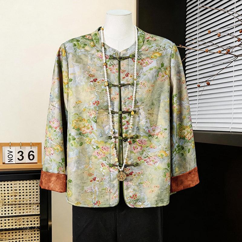 

Spring Chinese Jacquard Frog Button Jacket for Middle-aged Women - Elegant Cardigan Top 3XL (130-145 jin recommended)
