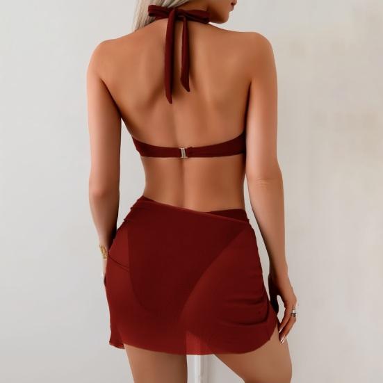 Set Costume da Bagno da Donna 3 Pezzi Set Reggiseno a Collo Alto Slip Vita Alta Sollevamento Fianchi Gonna Protezione Solare Fibbie Metalliche Costumi da Bagno da Spiaggia
