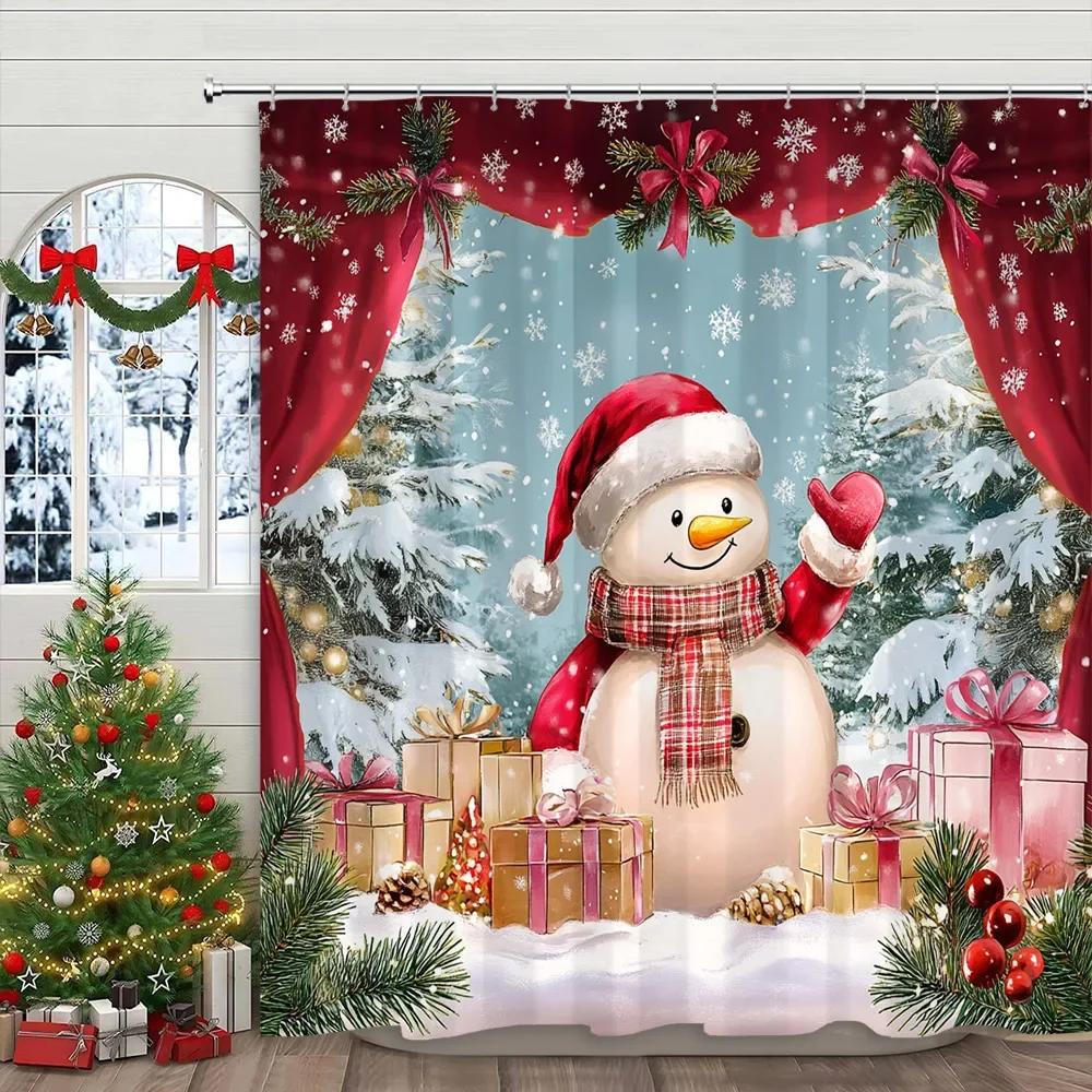 Christmas Snowman Shower Curtain Santa Claus Christmas Gifts Snow Printed Polyester Fabric Home Decor Shower Curtain With Hook