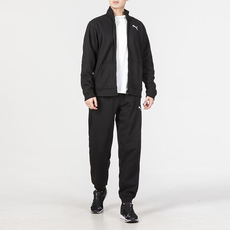 Puma Logo Pattern Zip Collar Jacket And Cuffed Long Sports Pants Set Men Sportswear Black 521967-01