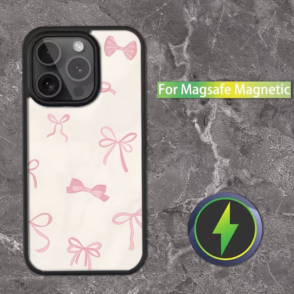 Korean Cute Pink Bow Phone Case For iPhone 17,16,15,14,13,12,11,Pro,Max,Plus,Mini,SE Magsafe Magnetic Wireless Charging